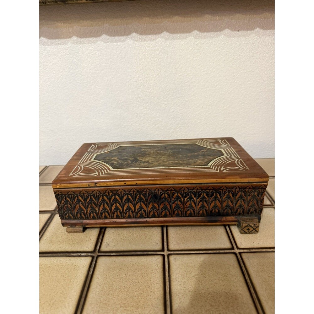 Vintage Carved Wood Jewelry Keepsake Box Folk Art Decoupage Landscape 11"
